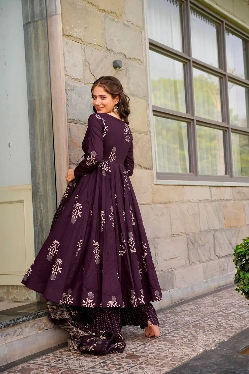 Muslin Printed Anarkali Angrakha Kurta Palazzo With Duppatta