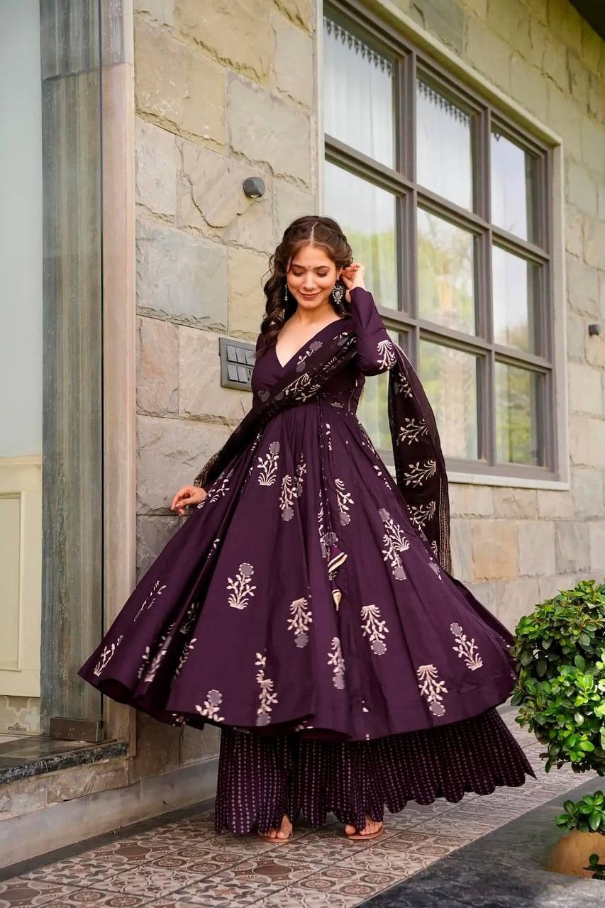 Muslin Printed Anarkali Angrakha Kurta Palazzo With Duppatta