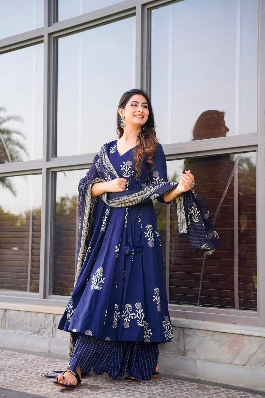 Muslin Printed Anarkali Angrakha Kurta Palazzo With Duppatta