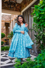 Aqua Blue Block Printed Anarkali Angrakha Kurta Palazzo With Duppatta