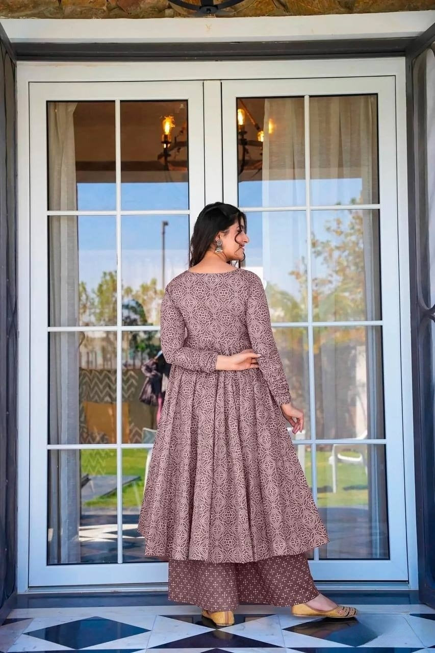 Muslin Printed Anarkali Angrakha Kurta Palazzo With Duppatta