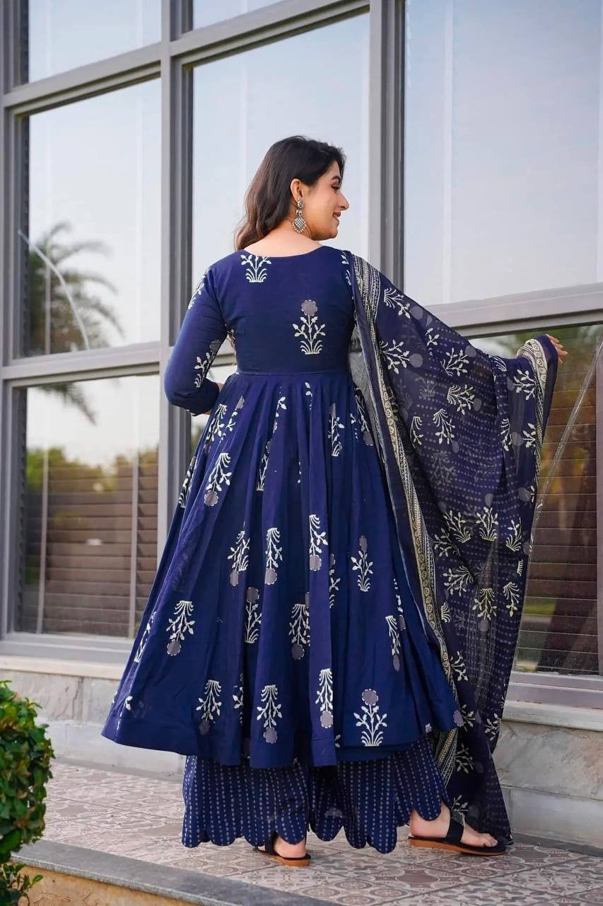 Muslin Printed Anarkali Angrakha Kurta Palazzo With Duppatta