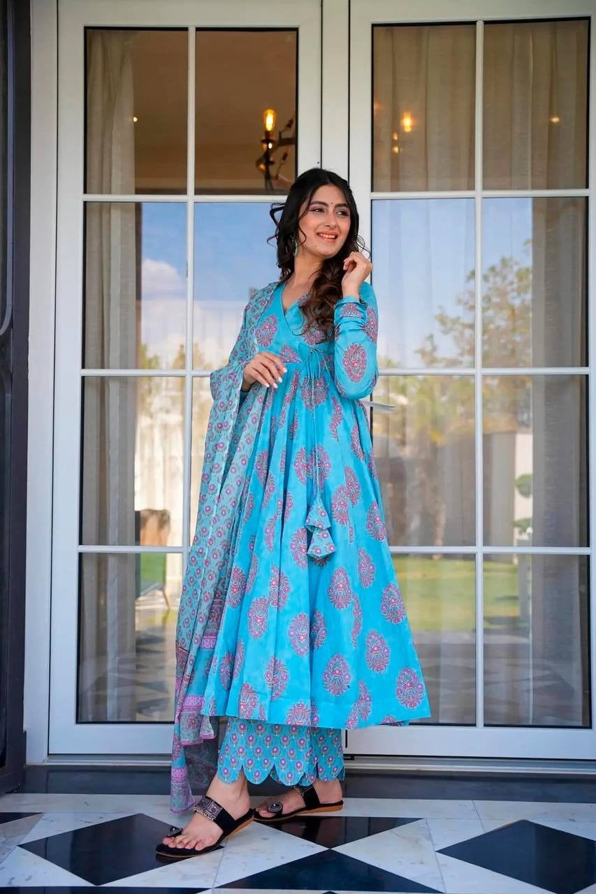 Aqua Blue Muslin Block Printed Anarkali Angrakha Kurta Palazzo With Duppatta