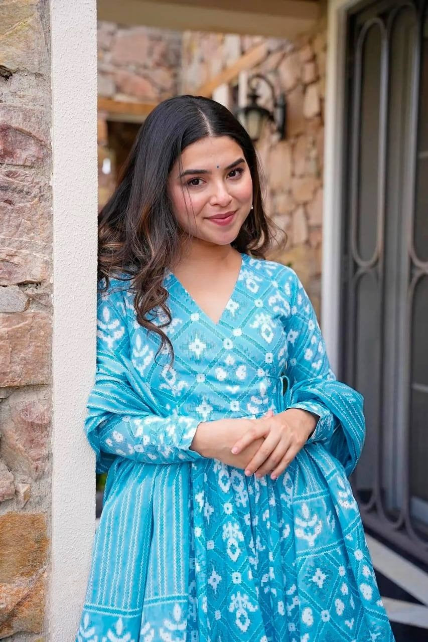 Aqua Blue Block Printed Anarkali Angrakha Kurta Palazzo With Duppatta