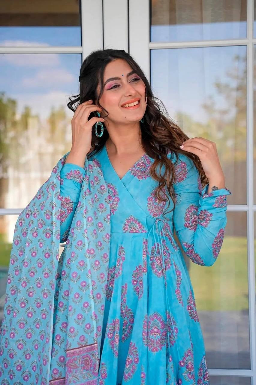 Aqua Blue Muslin Block Printed Anarkali Angrakha Kurta Palazzo With Duppatta