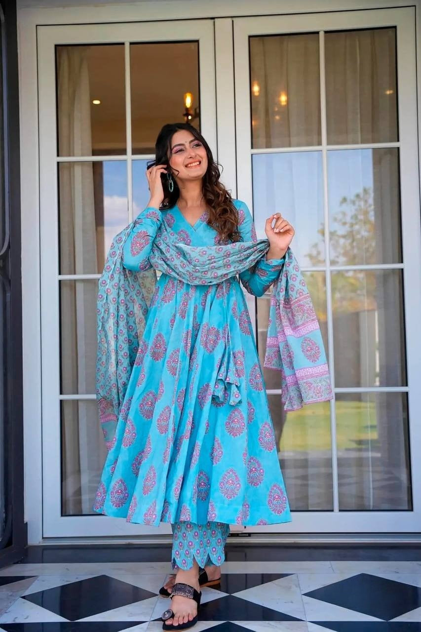 Aqua Blue Muslin Block Printed Anarkali Angrakha Kurta Palazzo With Duppatta