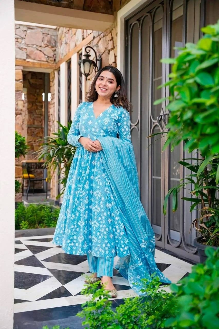 Aqua Blue Block Printed Anarkali Angrakha Kurta Palazzo With Duppatta