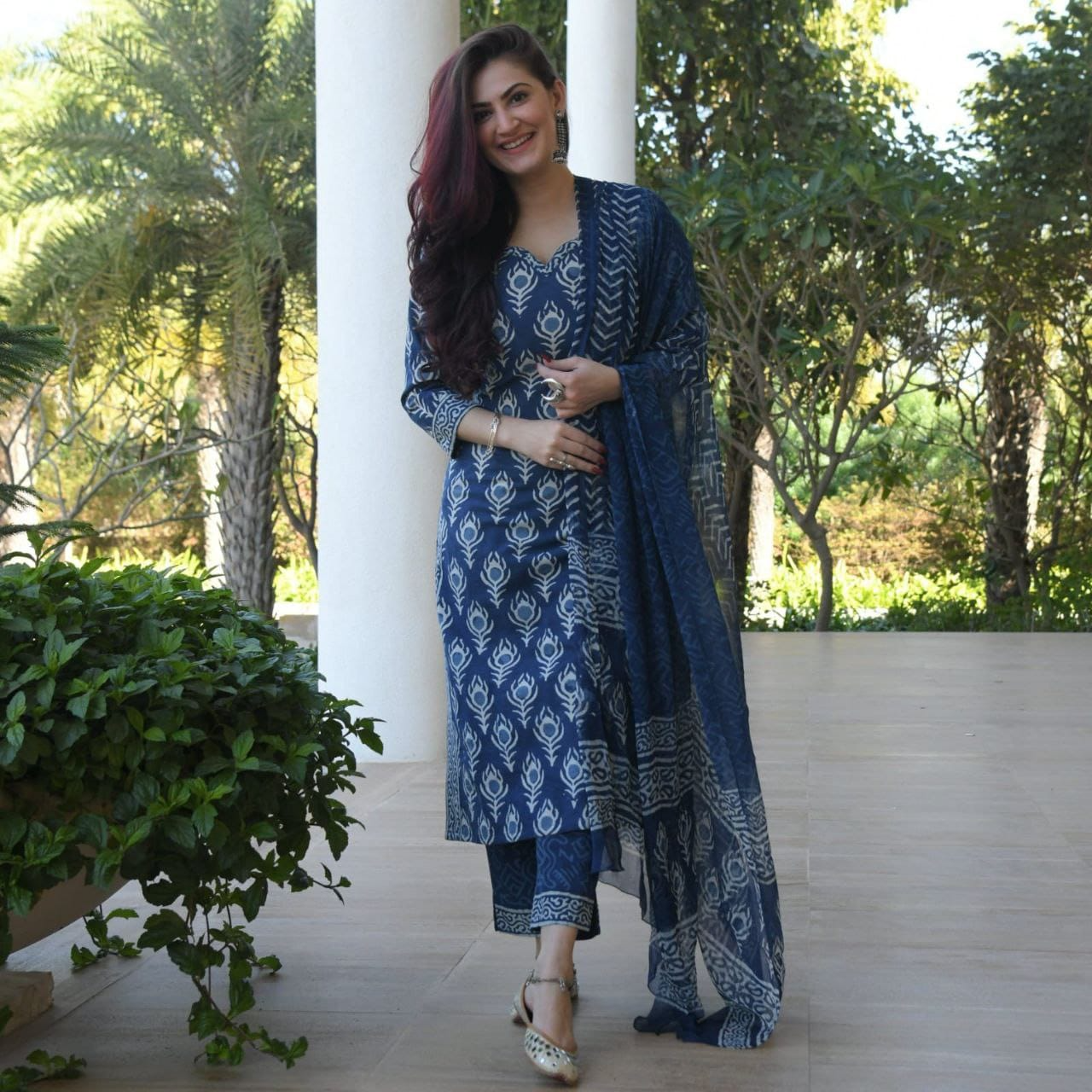 Blue Printed Kurta Pant & Dupatta Set