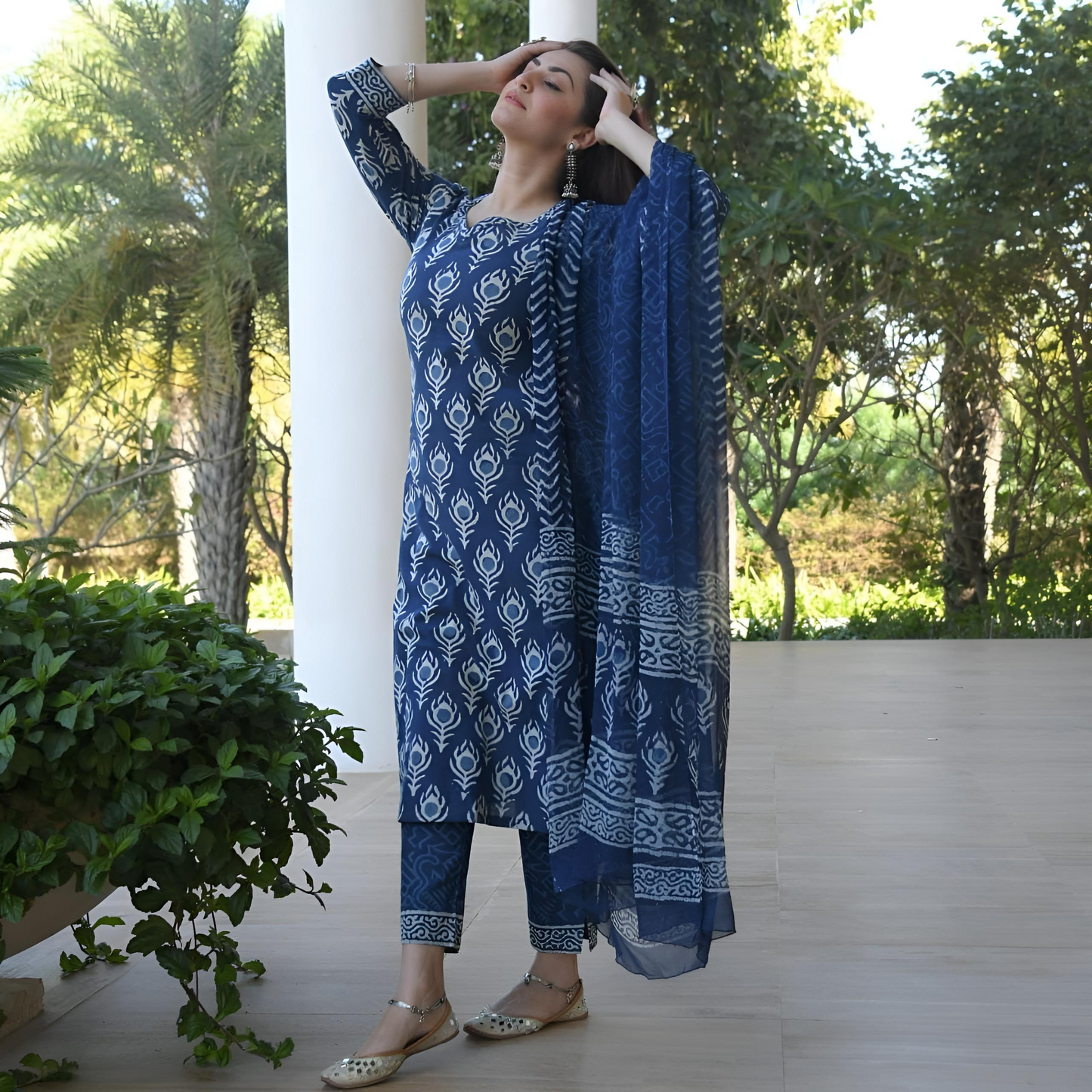 Blue Printed Kurta Pant & Dupatta Set