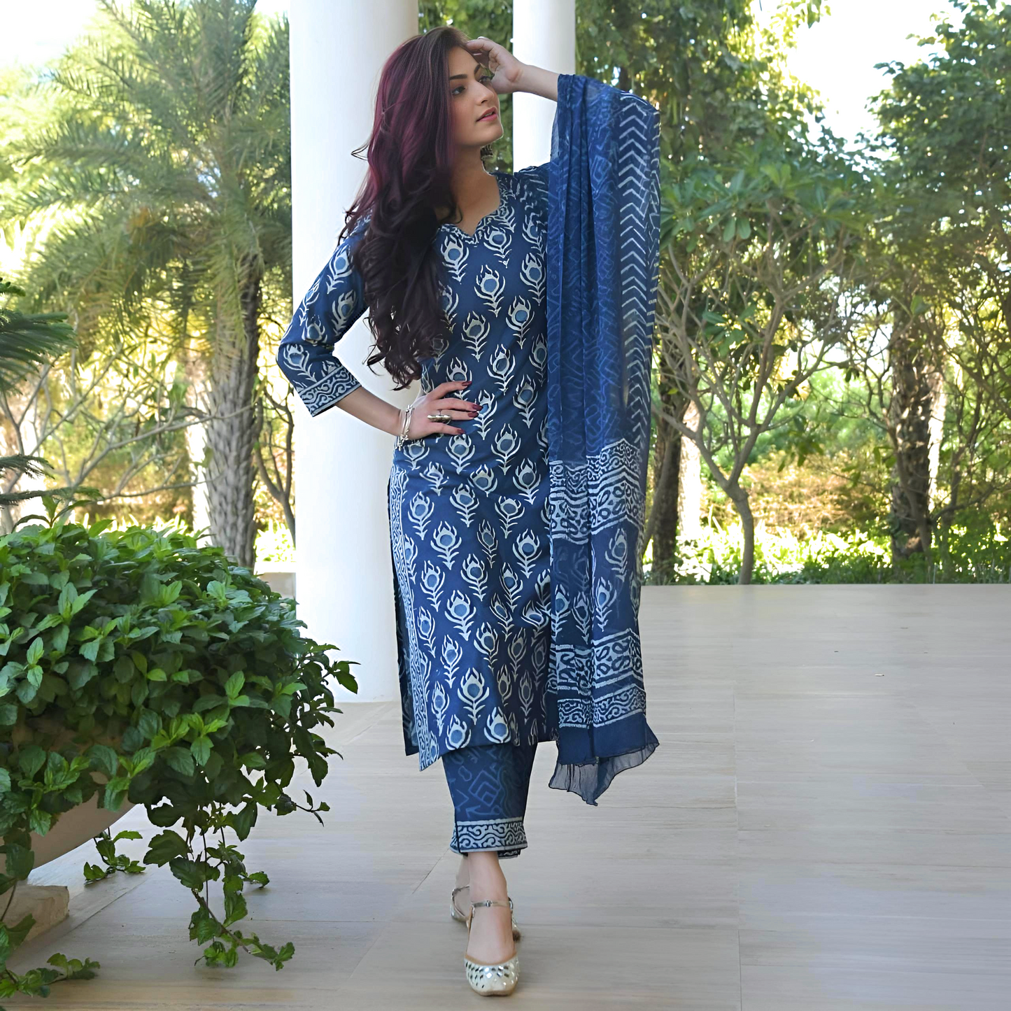 Blue Printed Kurta Pant & Dupatta Set