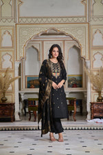 Black Chanderi Embroidered Kurta Pant With Dupatta Set- Festive Wear