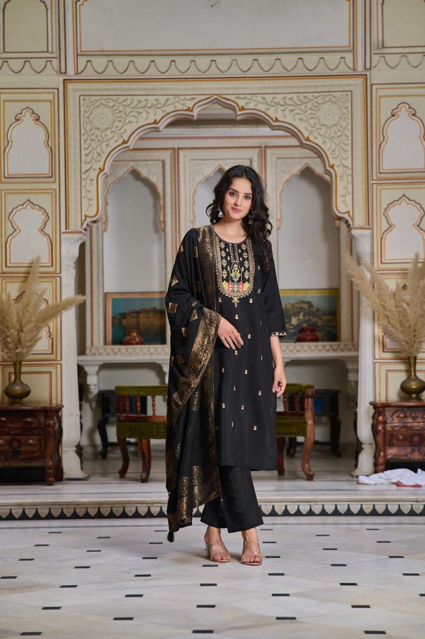 Black Chanderi Embroidered Kurta Pant With Dupatta Set- Festive Wear