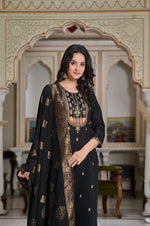 Black Chanderi Embroidered Kurta Pant With Dupatta Set- Festive Wear