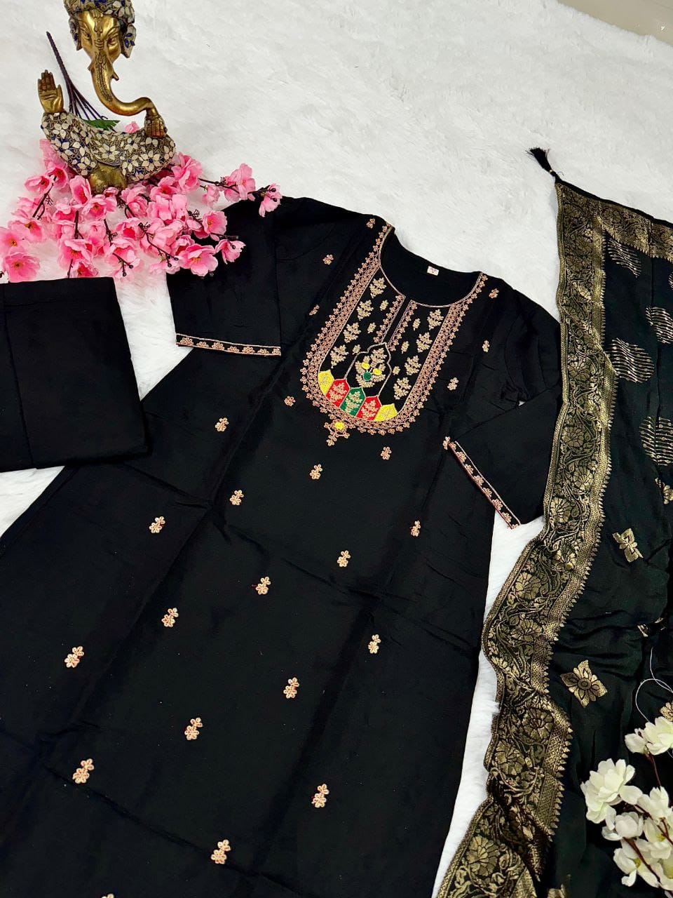 Black Chanderi Embroidered Kurta Pant With Dupatta Set- Festive Wear