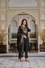 Black Chanderi Embroidered Kurta Pant With Dupatta Set- Festive Wear