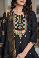 Black Chanderi Embroidered Kurta Pant With Dupatta Set- Festive Wear