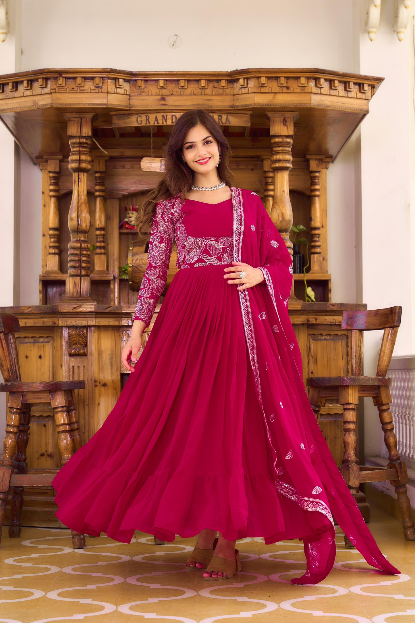 Georgette Embroidered Festive Gown & Dupatta Set