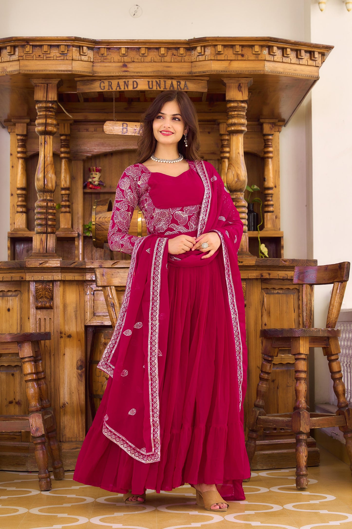 Georgette Embroidered Festive Gown & Dupatta Set