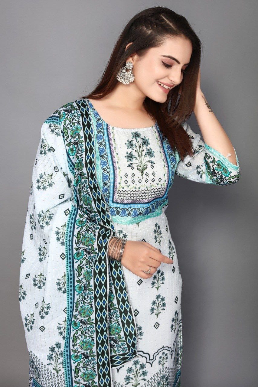 Muslin Printed Sequence Work Kurta With Pant & Dupatta