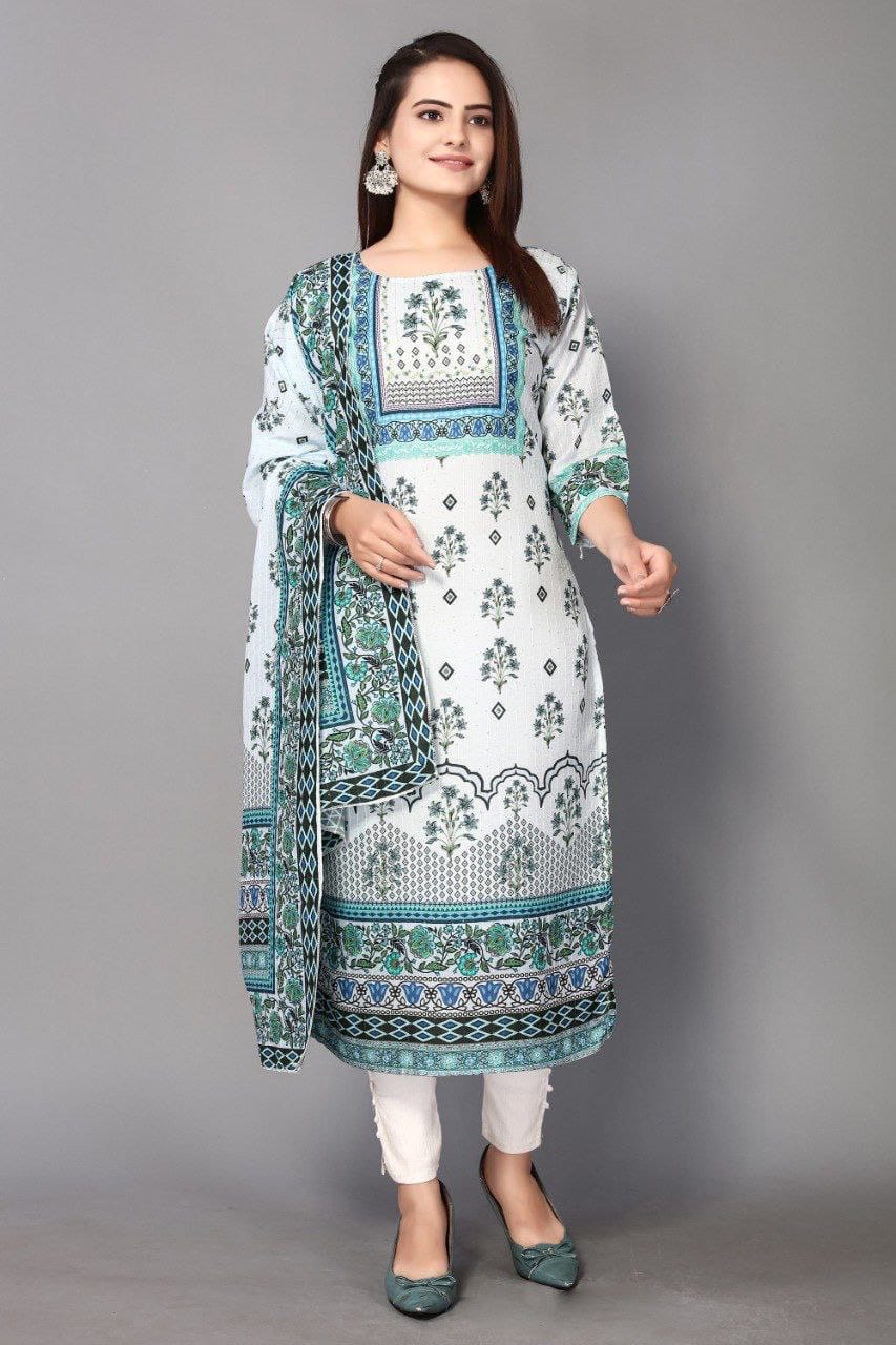 Muslin Printed Sequence Work Kurta With Pant & Dupatta