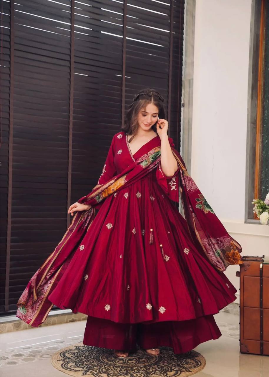 Red Chinon Angrakha Anarkali Kurta With Palazzo