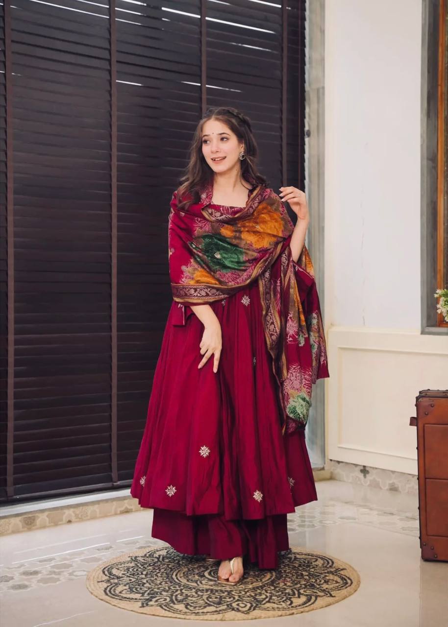 Red Chinon Angrakha Anarkali Kurta With Palazzo