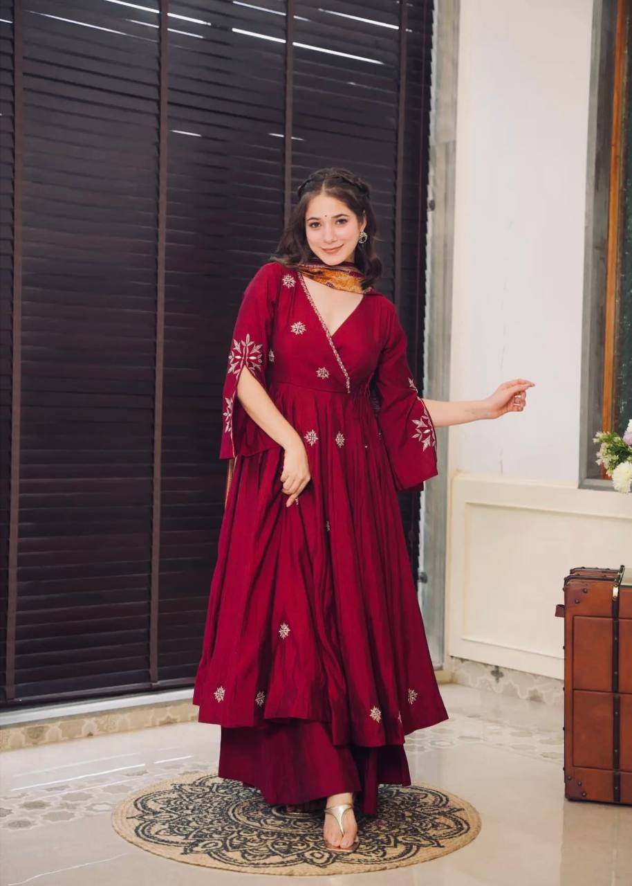 Red Chinon Angrakha Anarkali Kurta With Palazzo