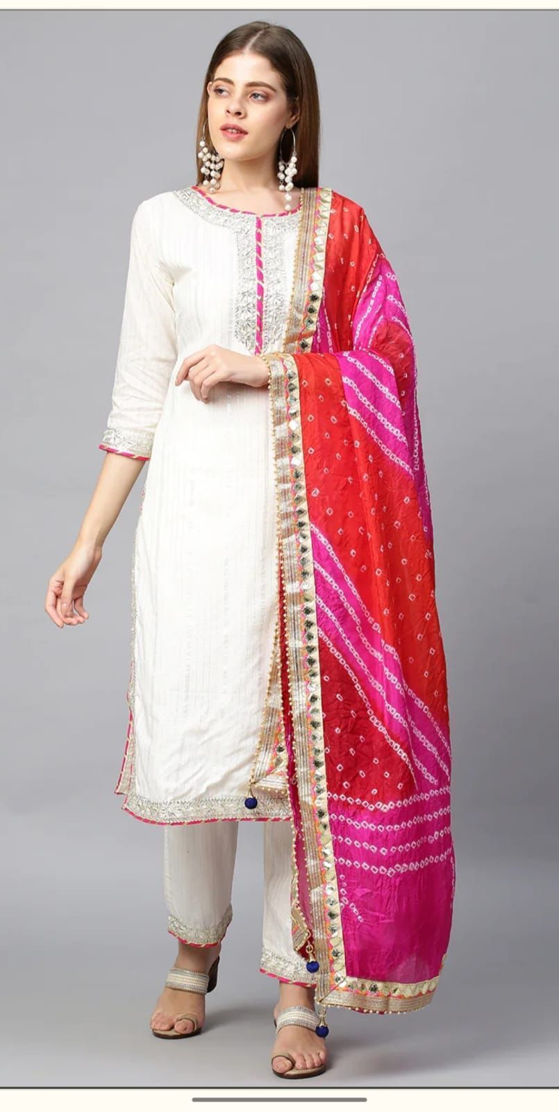 Cross Lace Embroidered  Kurta Pant With Bandhej Dupatta - Festive wear