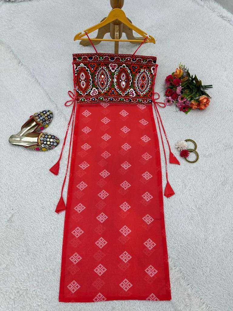 Red Georgette Real Mirror Work Shoulder Straps Kurti