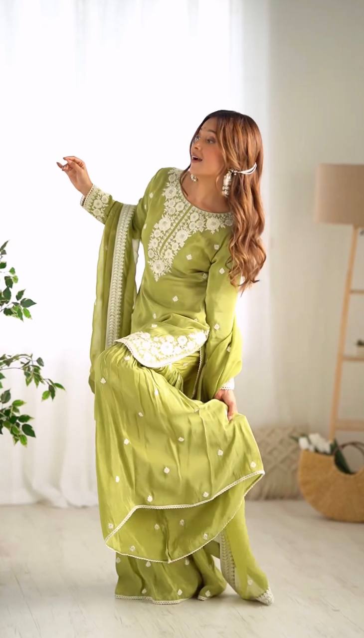 Green Chinon Silk Sharara Suit