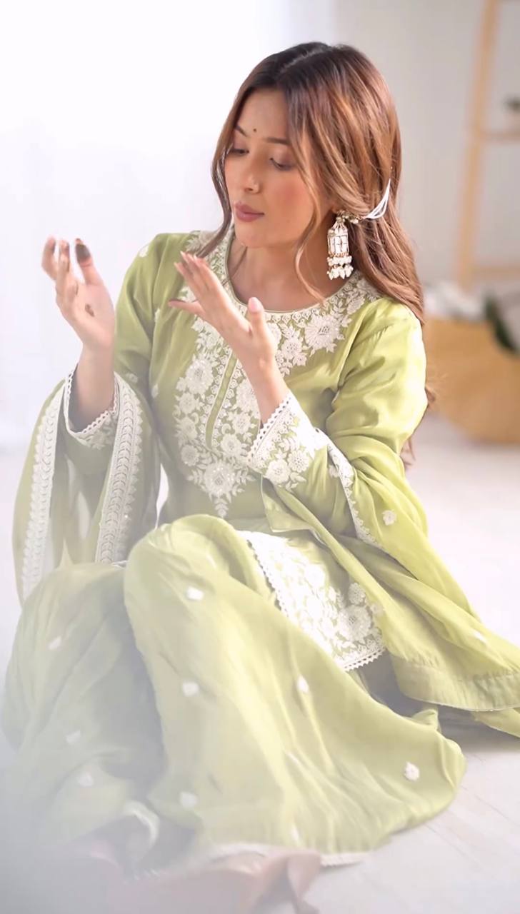 Green Chinon Silk Sharara Suit