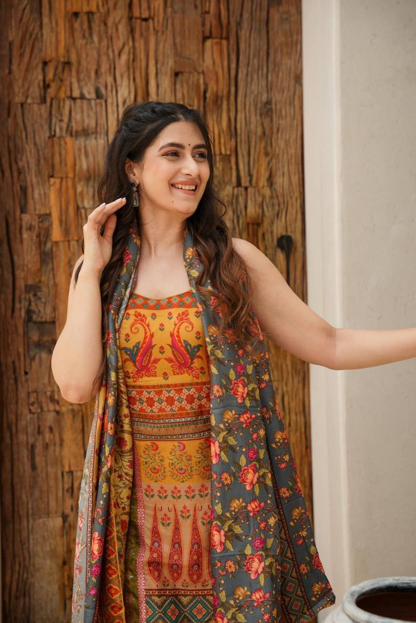 Beautiful  Mustard Floral A Line Kurta Pant With Dupatta - Festive wear