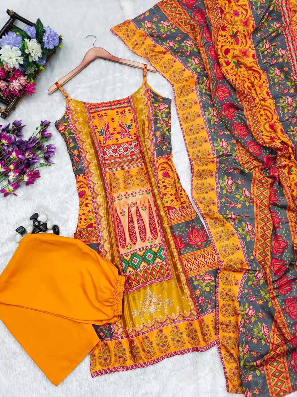 Beautiful  Mustard Floral A Line Kurta Pant With Dupatta - Festive wear