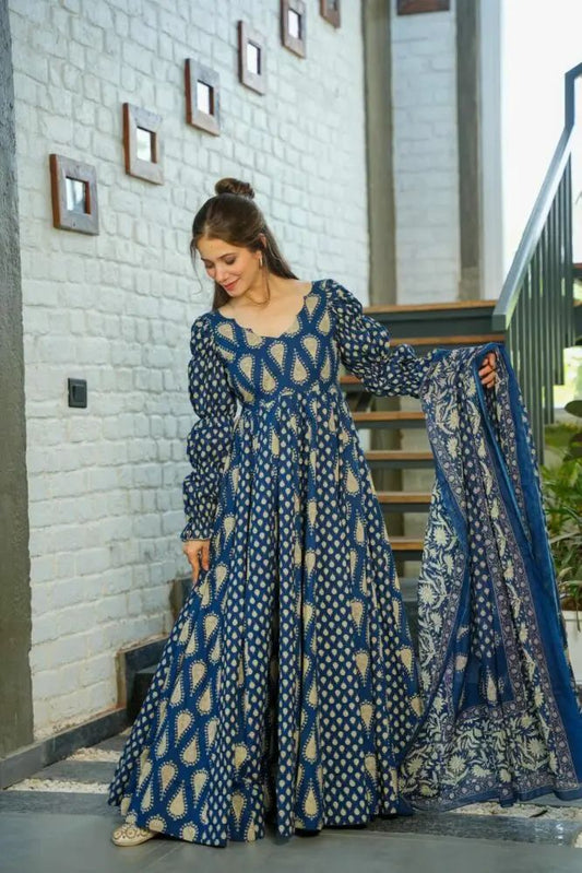 Blue Cotton Printed Puff-Full Sleeves Anarkali Suit