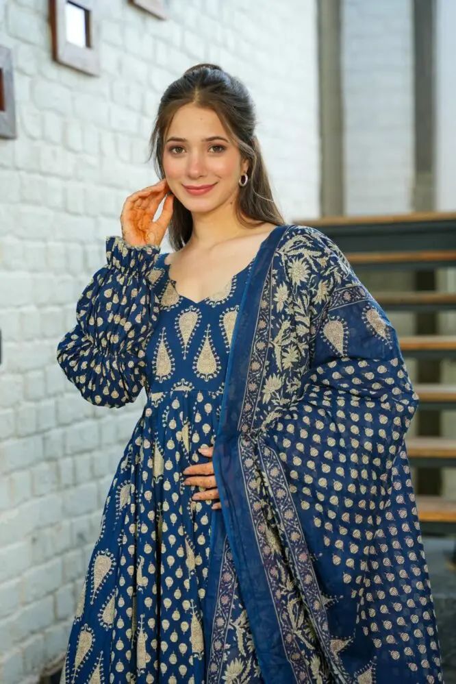 Blue Cotton Printed Puff-Full Sleeves Anarkali Suit