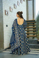 Blue Cotton Printed Puff-Full Sleeves Anarkali Suit