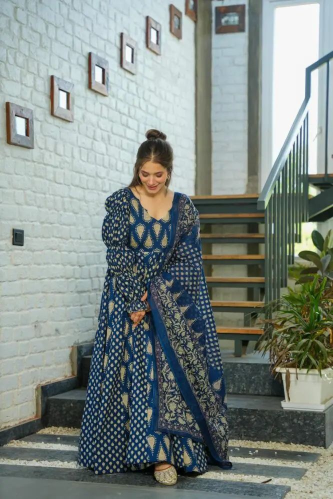 Blue Cotton Printed Puff-Full Sleeves Anarkali Suit