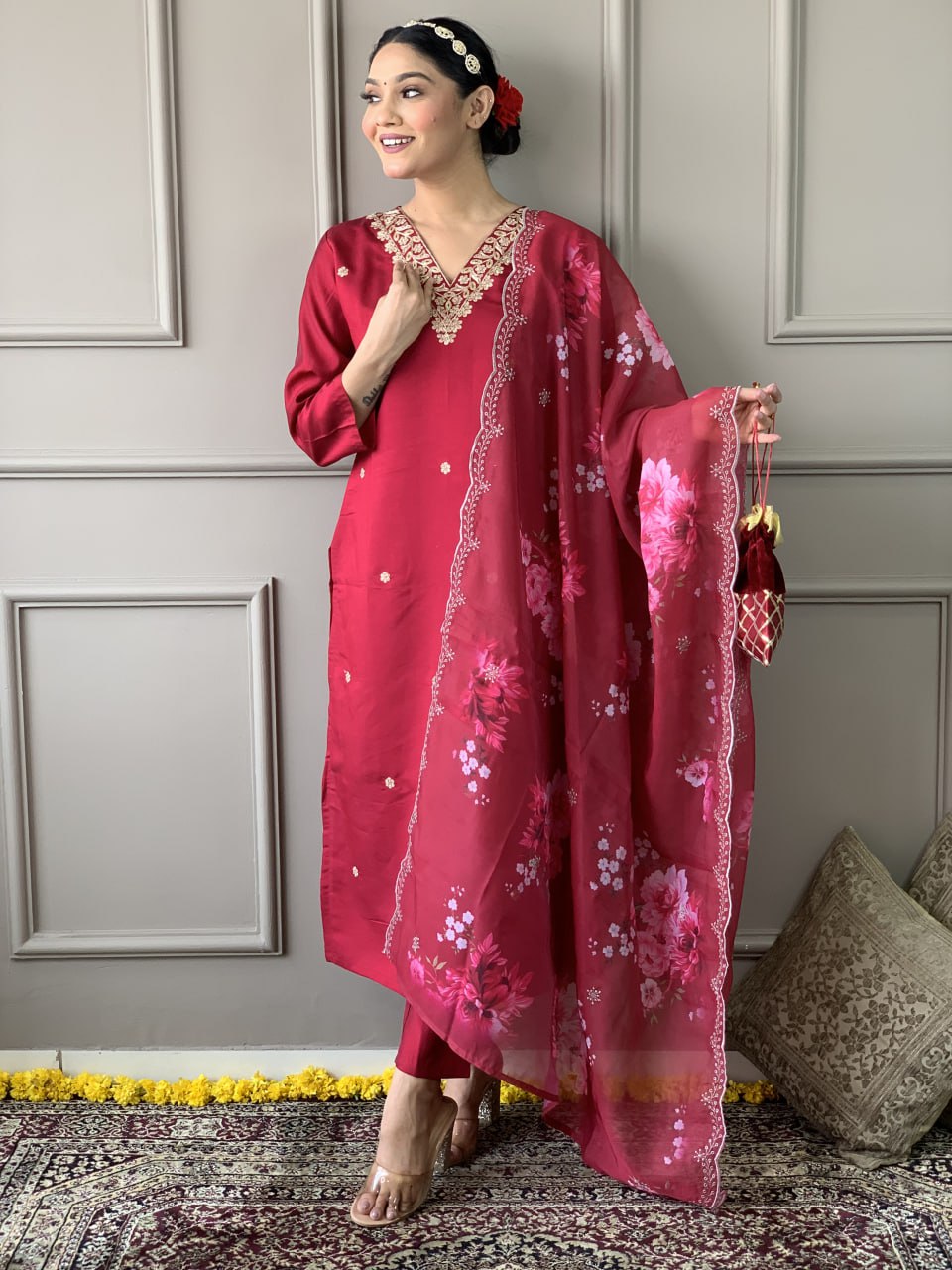 Hot Red Embroidered Nyra Cut Kurta Pant Dupatta Set