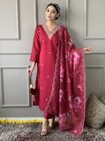 Hot Red Embroidered Nyra Cut Kurta Pant Dupatta Set