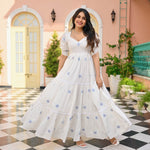 White Sweetheart Neck Embroidered Maxi Dress