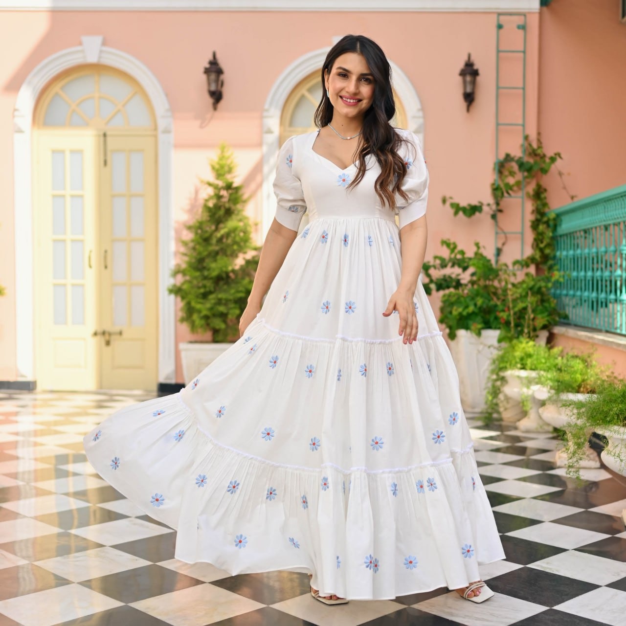 White Sweetheart Neck Embroidered Maxi Dress