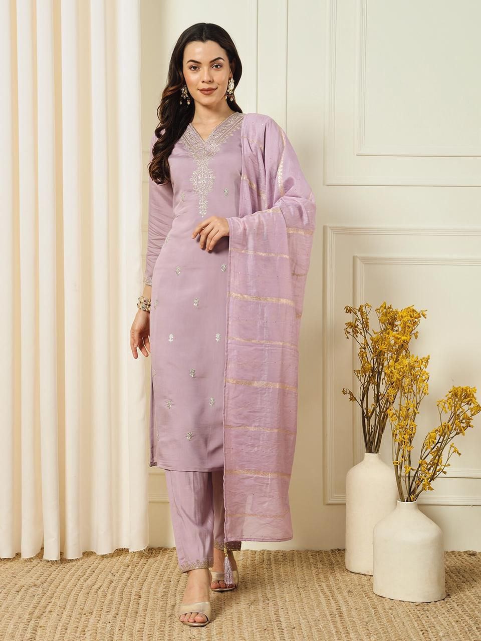 Lilac Silk Embrodried Kurta Pant With Dupatta Set