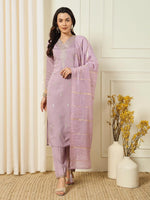 Lilac Silk Embrodried Kurta Pant With Dupatta Set