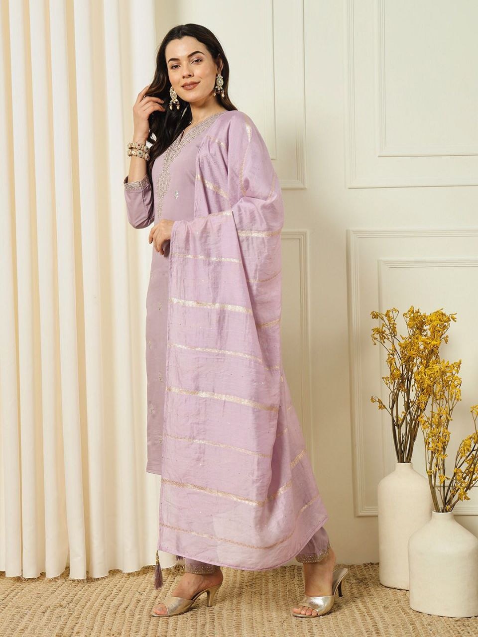 Lilac Silk Embrodried Kurta Pant With Dupatta Set