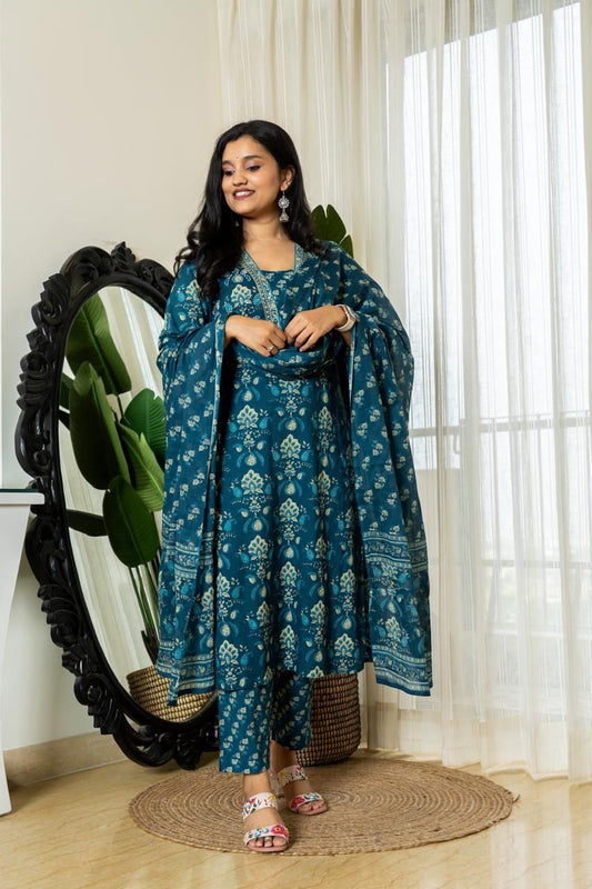 Blue Cotton Block Print Kurta Pant With Dupatta