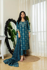 Blue Cotton Block Print Kurta Pant With Dupatta