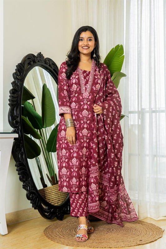 Red Cotton Block Print Kurta Pant With Dupatta