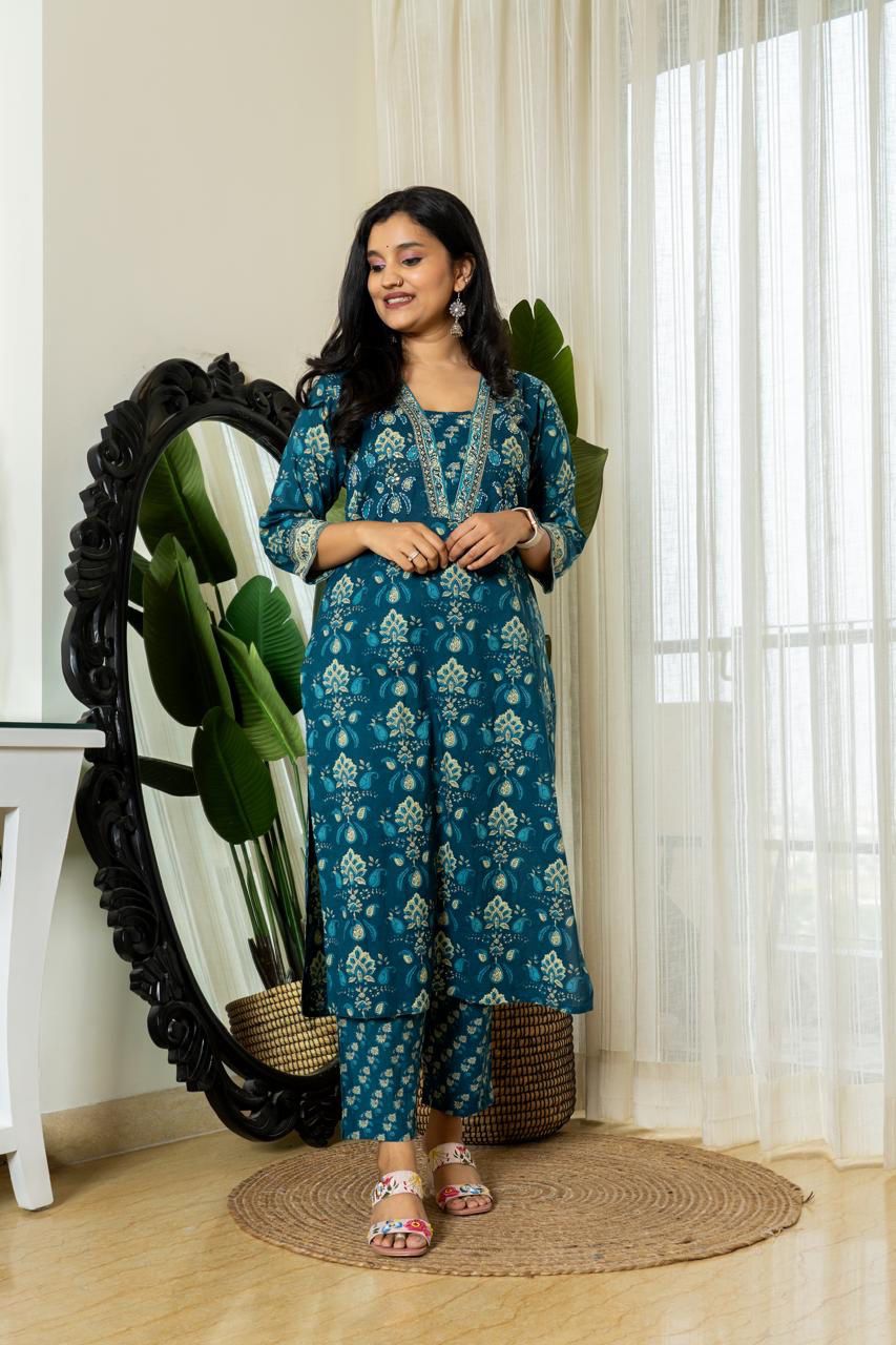 Blue Cotton Block Print Kurta Pant With Dupatta