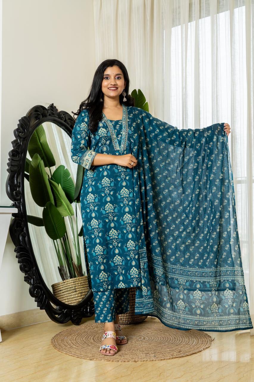 Blue Cotton Block Print Kurta Pant With Dupatta