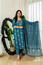 Blue Cotton Block Print Kurta Pant With Dupatta